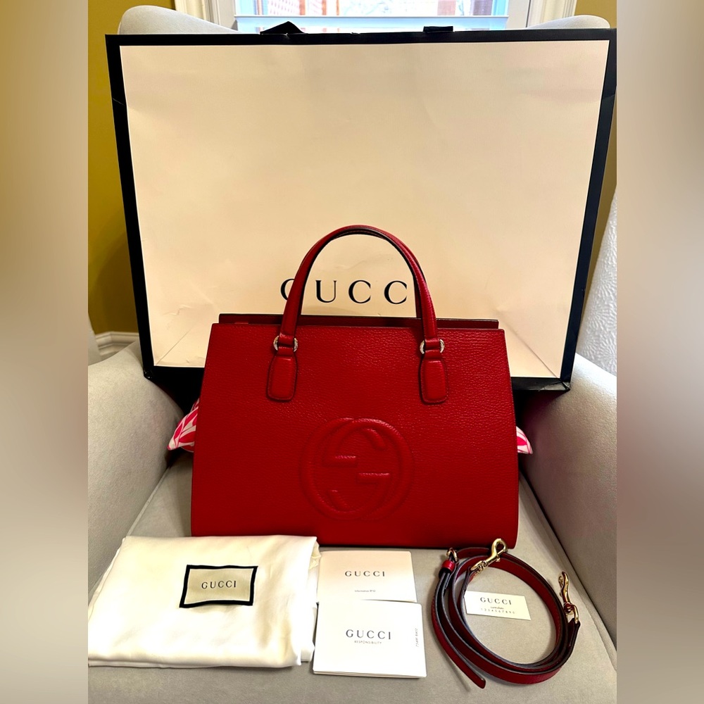 Gucci Red Soho Pebbled Leather Tote Hand Bag/Cross Body Bag